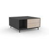 Edge Square Coffee Table - (Back View) in Black, with Birch shelving and drawer fronts