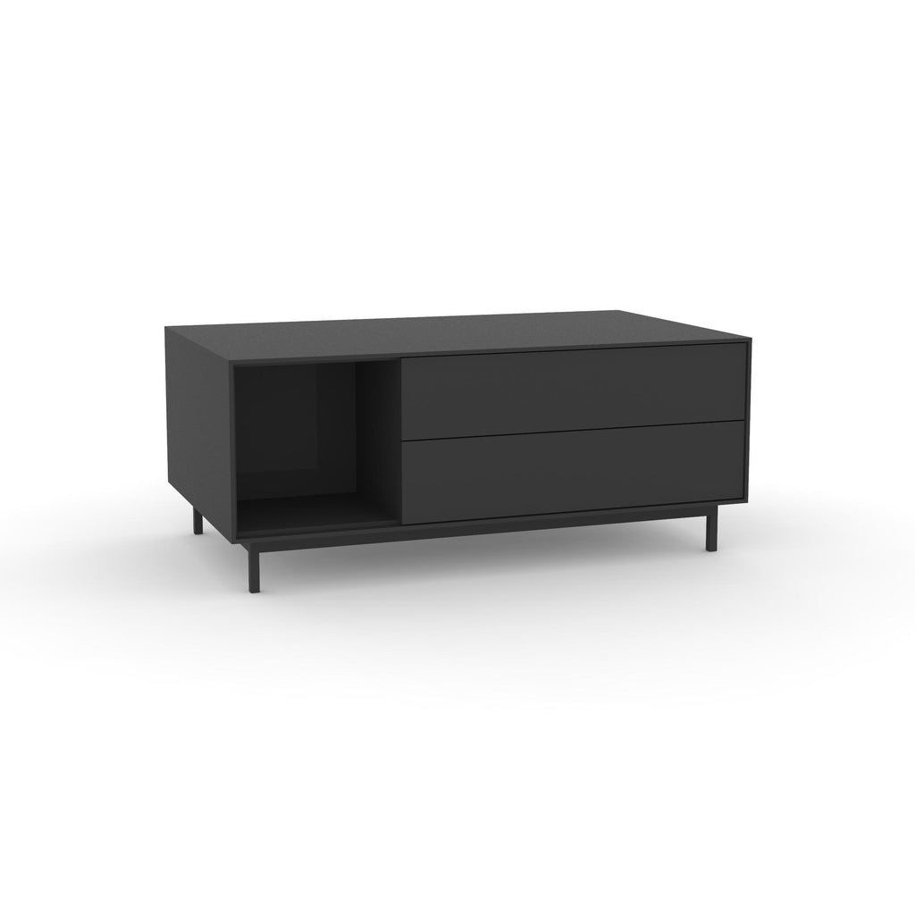Edge Rectangular Coffee Table - (Back View) in Black, with Black shelving and drawer fronts