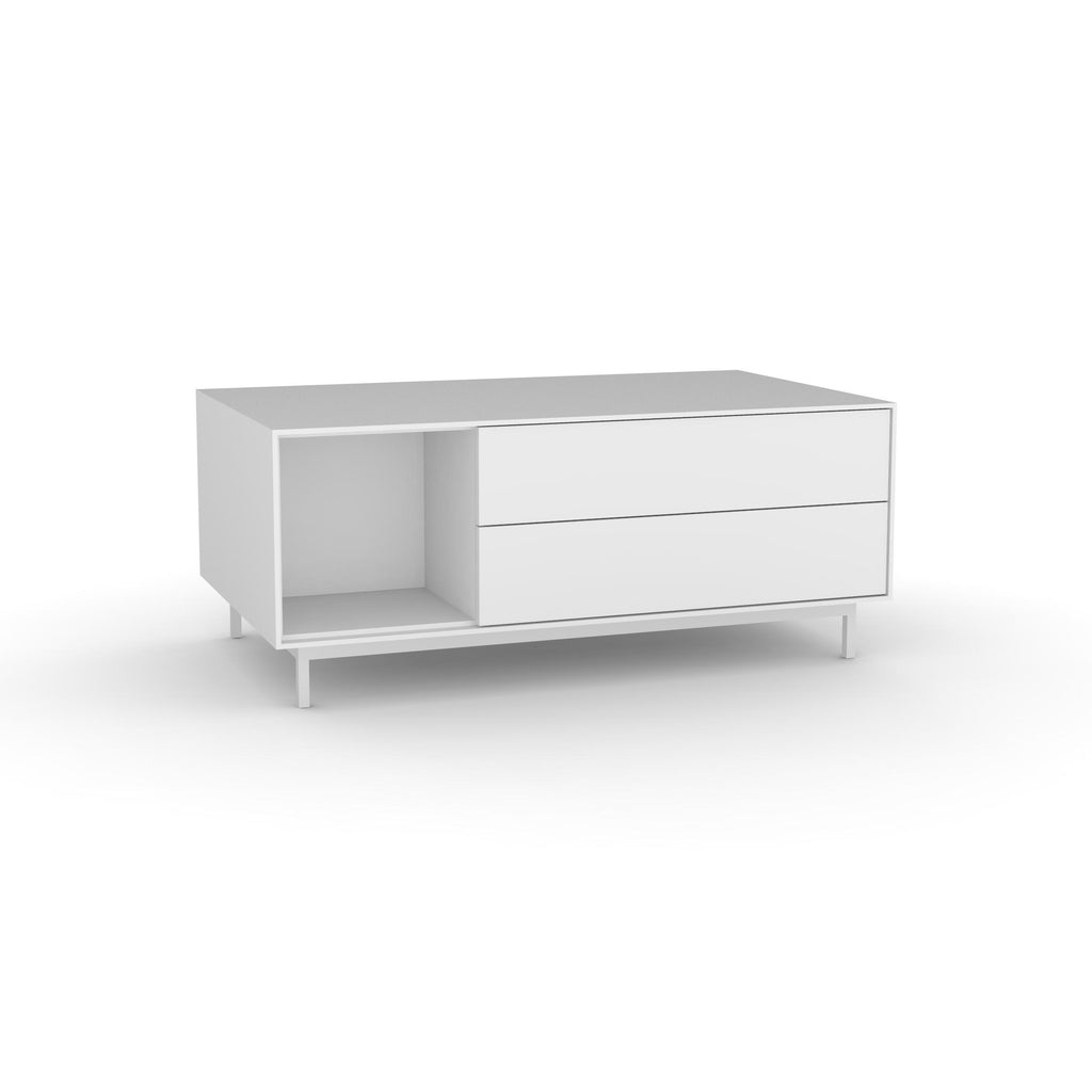 Edge Rectangular Coffee Table - (Back View) in White, with White shelving and drawer fronts