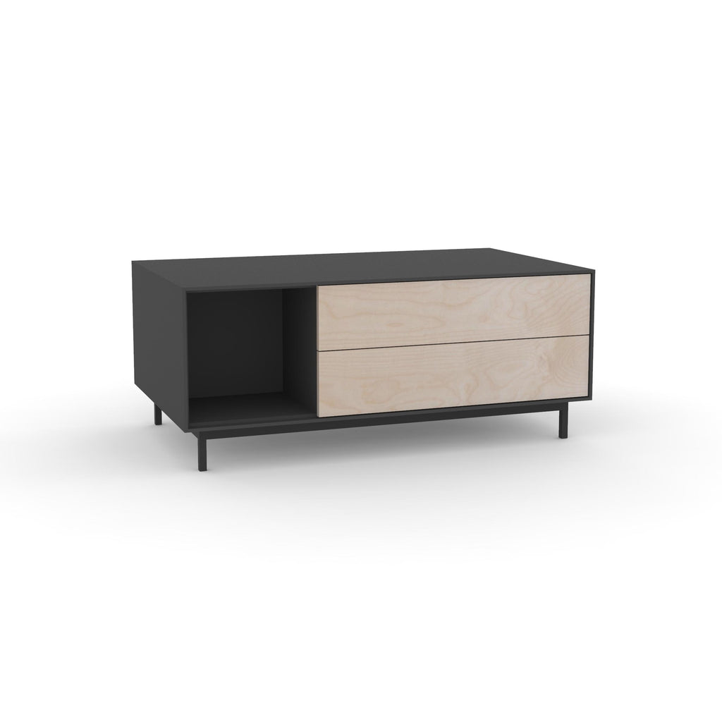 Edge Rectangular Coffee Table - (Back View) in Black, with Birch shelving and drawer fronts