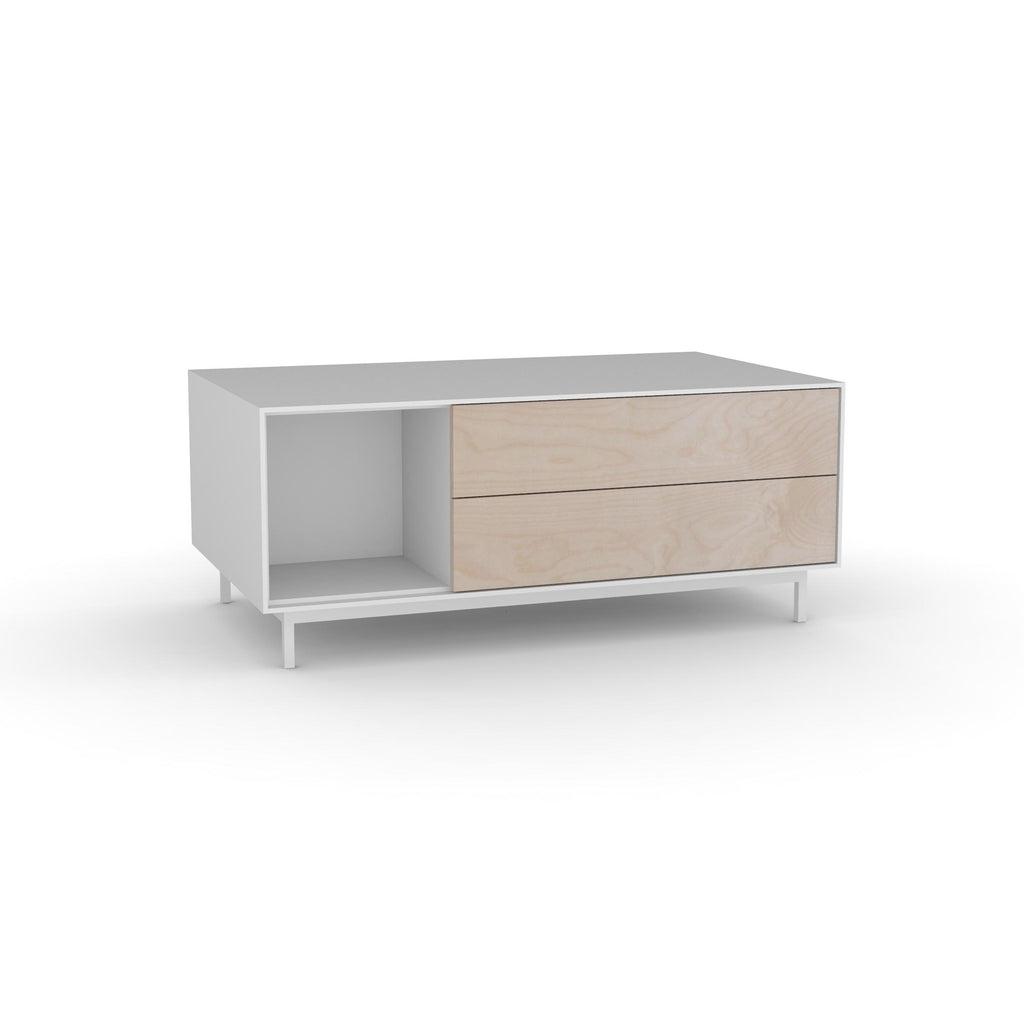 Edge Rectangular Coffee Table - (Back View) in White, with Birch shelving and drawer fronts