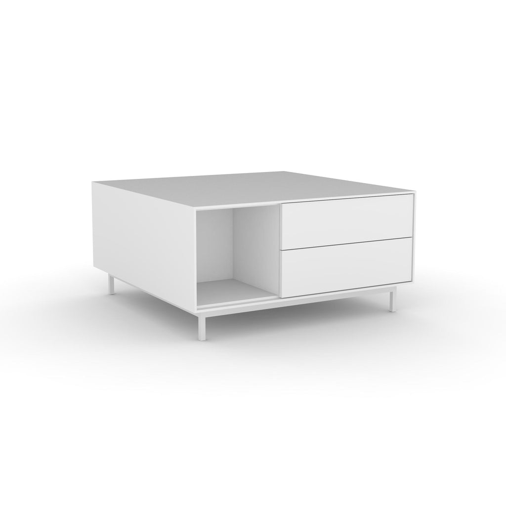 Edge Square Coffee Table - (Back View) in White, with White shelving and drawer fronts
