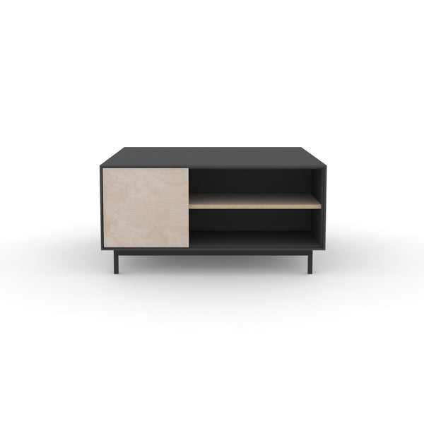 Edge Square Coffee Table - (Front View) in Black, with Birch shelving and drawer fronts