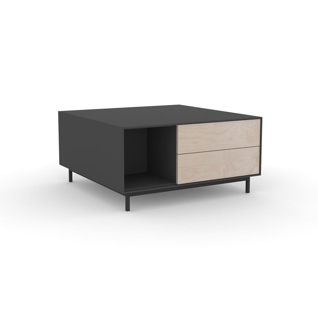 Edge Square Coffee Table - (Back View) in Black, with Birch shelving and drawer fronts