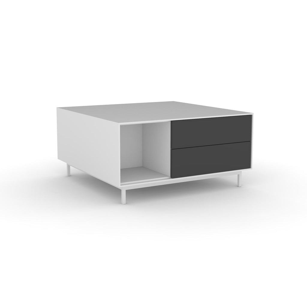 Edge Square Coffee Table - (Back View) in White, with Black shelving and drawer fronts