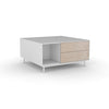 Edge Square Coffee Table - (Back View) in White, with Birch shelving and drawer fronts