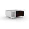 Edge Square Coffee Table - (Back View) in White, with Black Oak shelving and drawer fronts