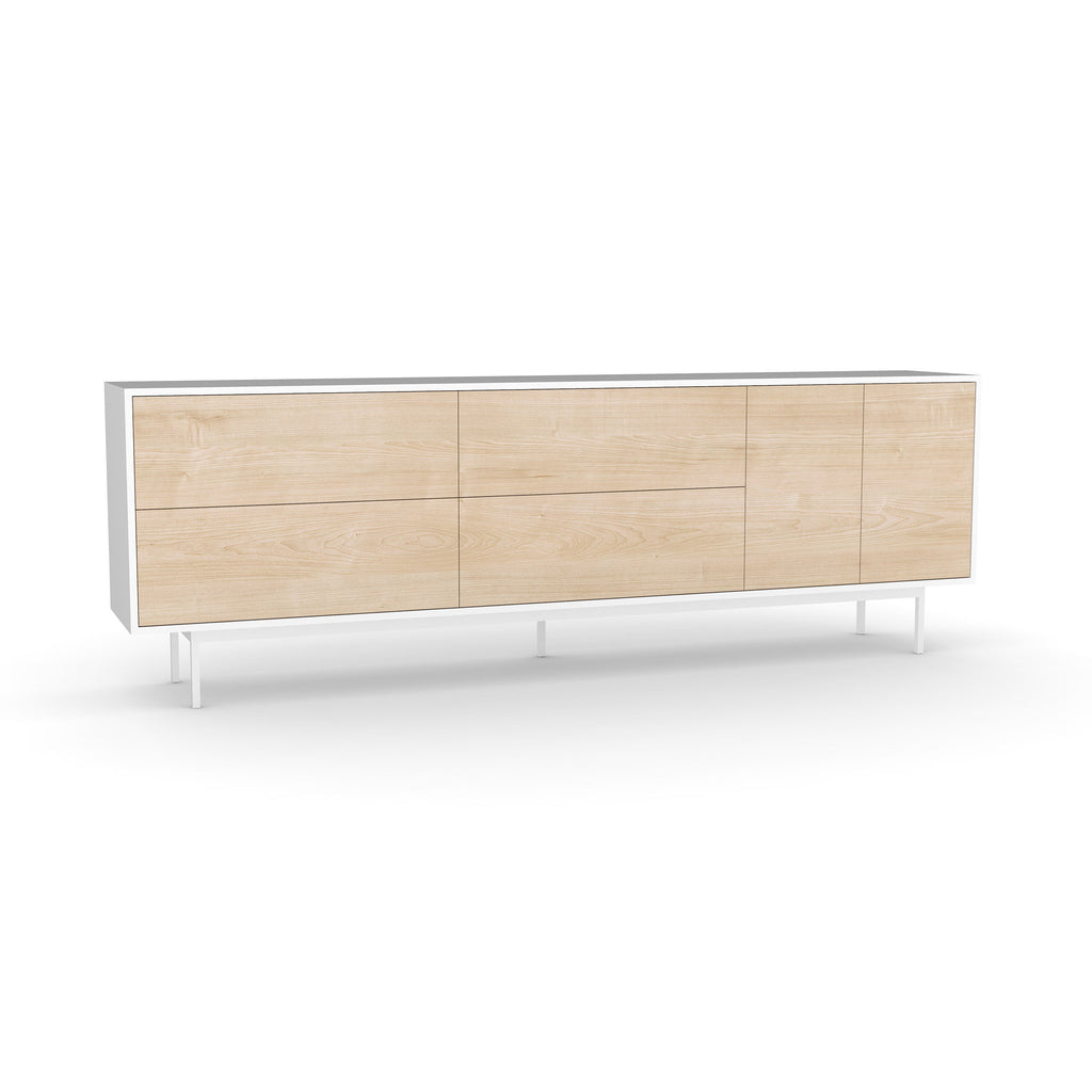 Studio Large Credenza, white carcass and leg, washed maple fronts