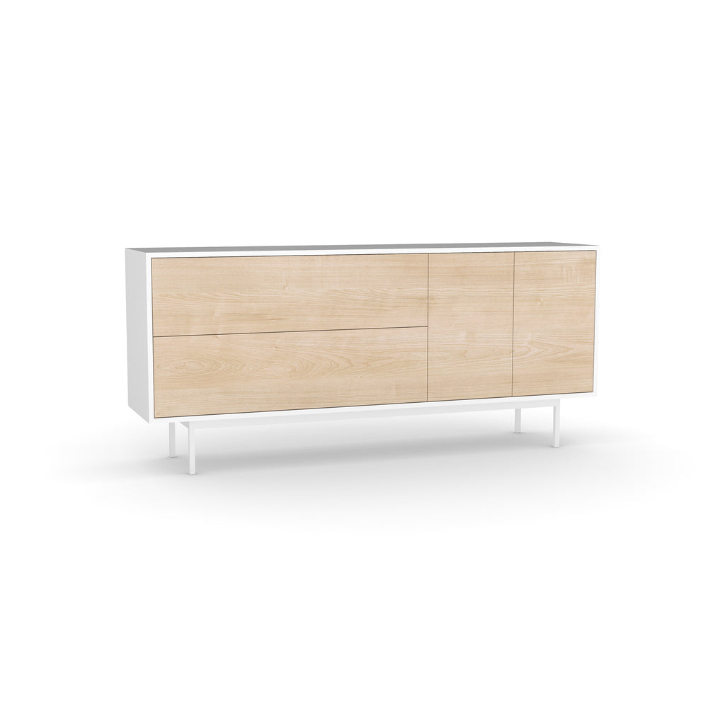 Studio Small Credenza, white carcass and leg, washed maple fronts